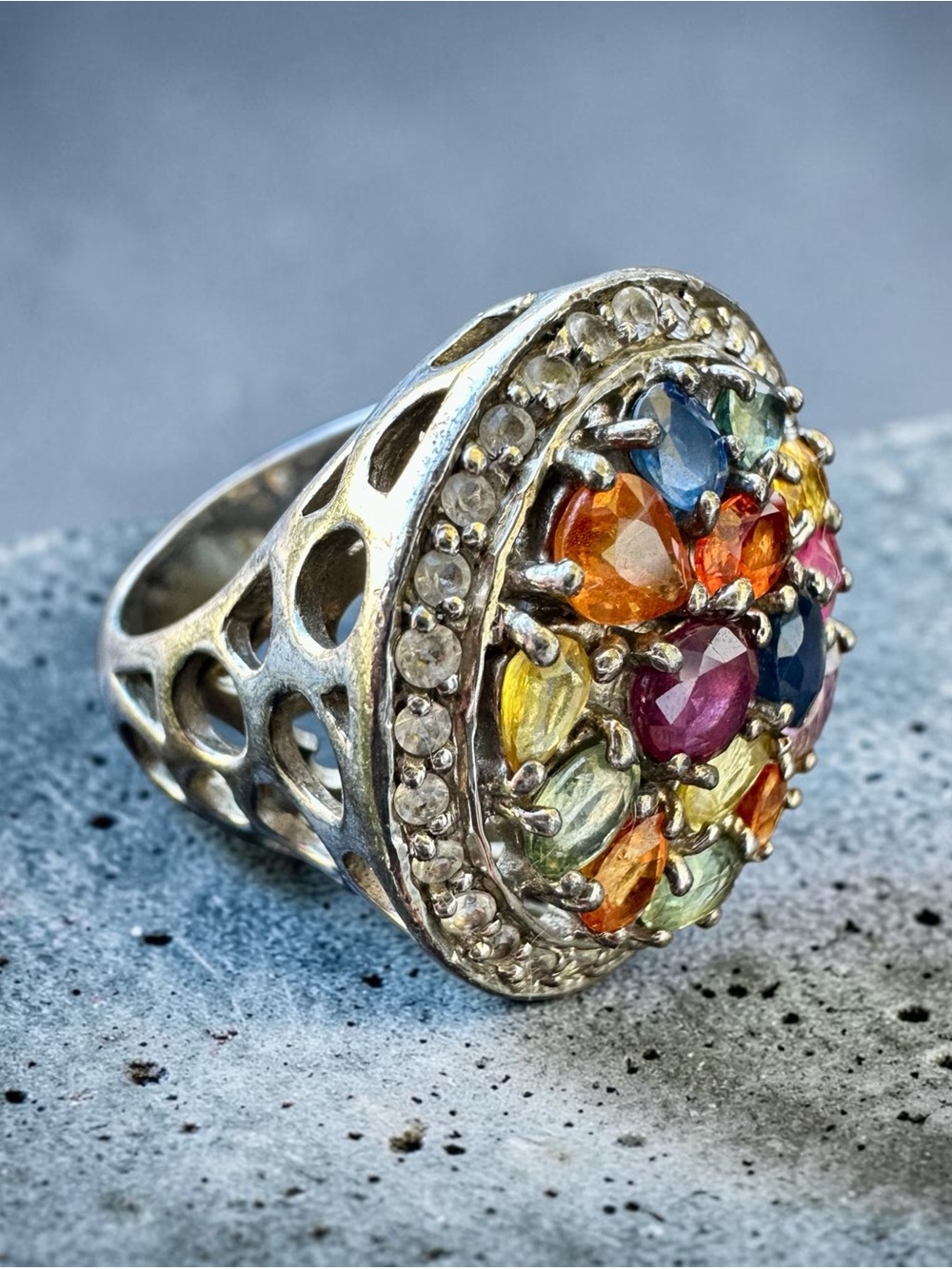 925 Sterling Silver Multi-Color genuine Gemstone Cluster Statement Ring